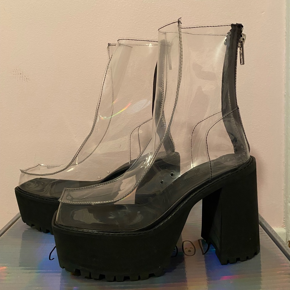 DOLLS KILL CURRENT MOOD NO ILLUSIONS CLEAR BOOT BLACK US 8 FESTIVALRAVE PLATFORM
